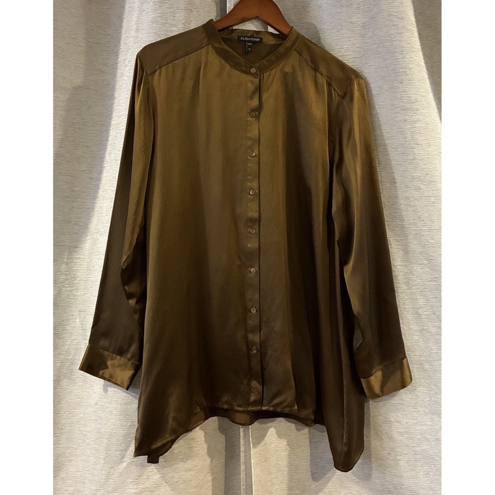 Eileen Fisher 100% Silk Mandarin Collar Long Sleeve Blouse Gold Size Medium